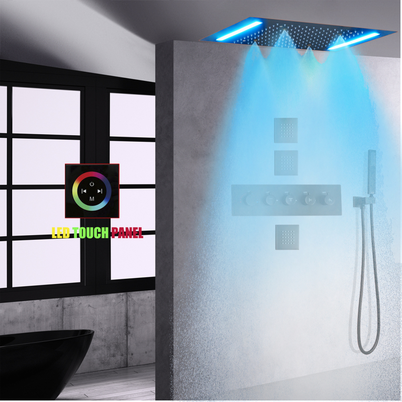 Juego de ducha de lluvia de bronce frotado con aceite para cuartos de baño con Panel moderno LED cabezal de ducha eléctrico de lluvia de techo de 14X20 pulgadas