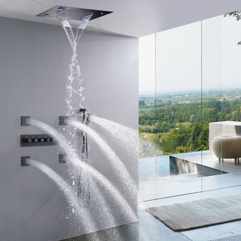 Grifos de ducha y baño negros mate, juego de ducha termostática LED, sistema de cabezal de ducha tipo cascada y lluvia de 14x20 pulgadas
