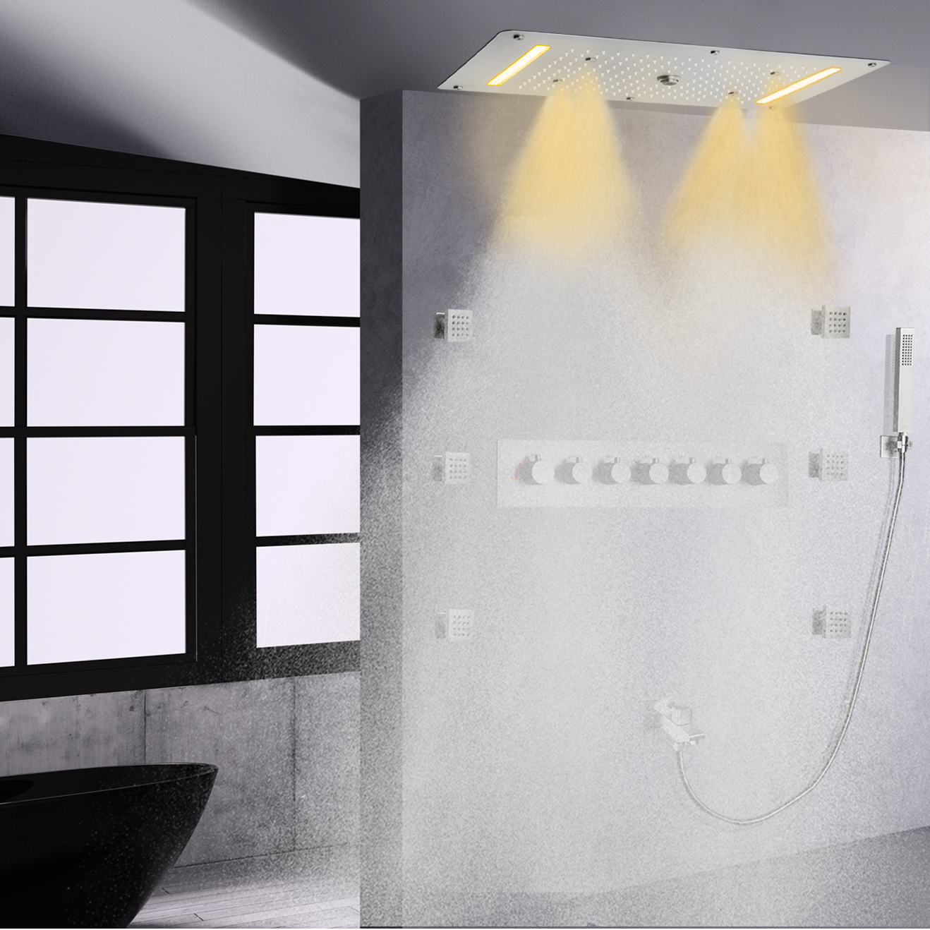 Sistema de cabezal de ducha multifunción grande de níquel cepillado, Panel mezclador de ducha termostático montado en la pared, lluvia en cascada
