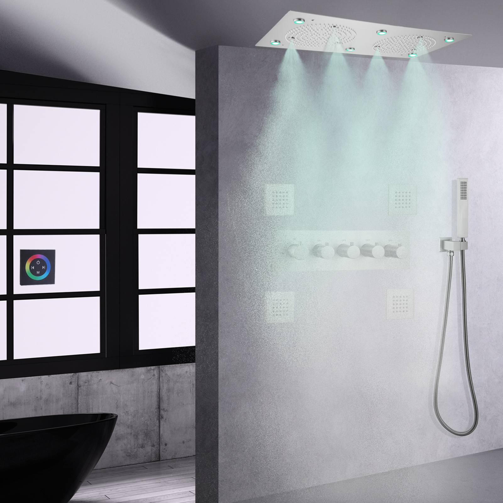 Cabezal de ducha de níquel cepillado LED termostático de alto flujo lluvia niebla Panel de ducha masaje ducha de mano