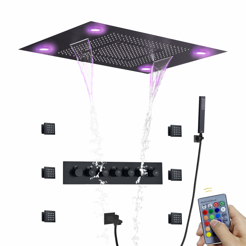 Baño de lujo 600*800 MM LED multifunción mezclador termostático cortina de lluvia cascada niebla rociador lateral conjunto de ducha de lluvia
