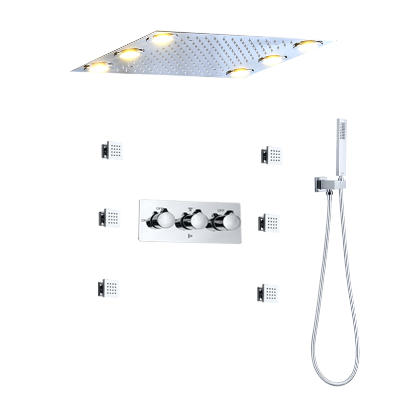 Cabezal de ducha tipo lluvia empotrado, juego de ducha cuadrado led, 6 chorros corporales, accesorios de baño de acero inoxidable 304, ducha de mano