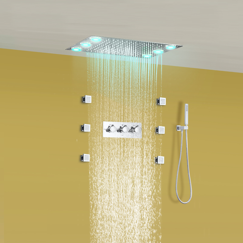 Cabezal de ducha tipo lluvia empotrado, juego de ducha cuadrado led, 6 chorros corporales, accesorios de baño de acero inoxidable 304, ducha de mano