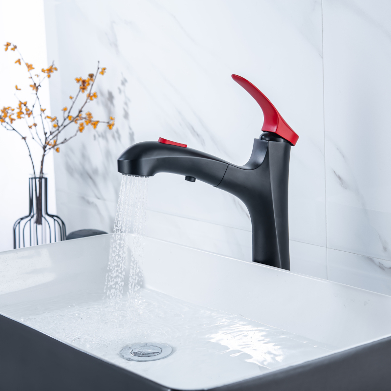 Nuevo estilo, mezclador de lavabo negro + rojo, mezclador de fregadero con un solo mango, grifo fácil de sacar, diseño hábil