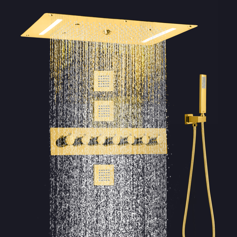 Juego de ducha empotrada tipo lluvia montado en la pared, termostático, 700x380mm, color dorado pulido, cascada tipo lluvia