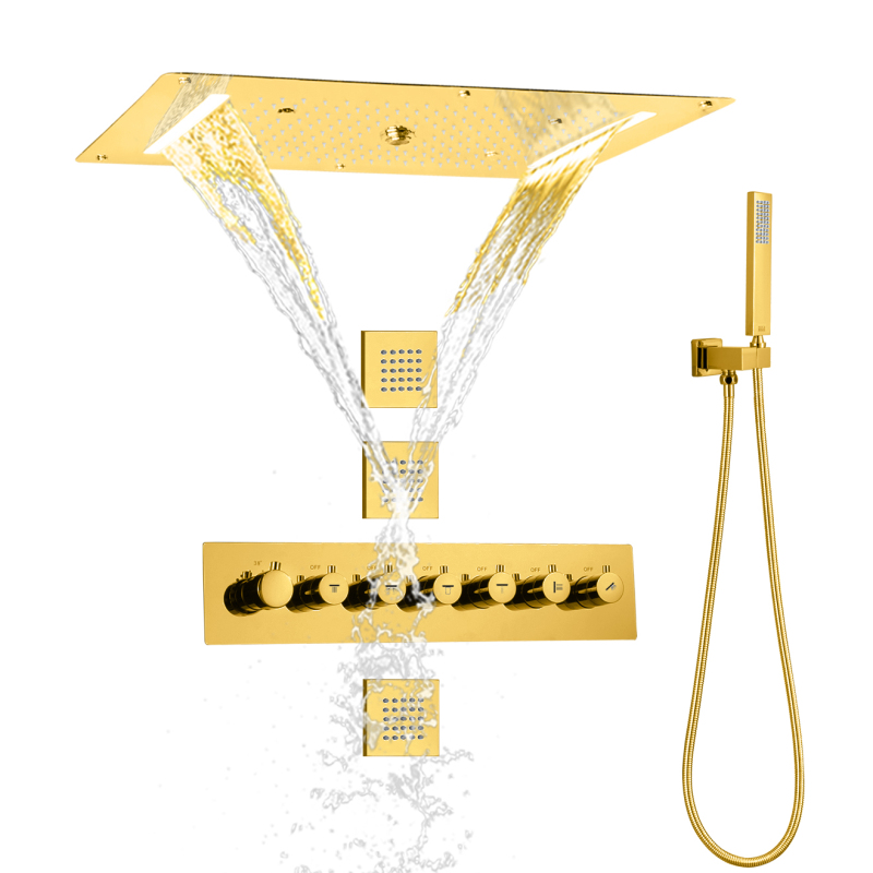 Ducha de techo con Control termostático pulido dorado, conjunto de ducha de masaje con Panel de cabezal de ducha de mano tipo lluvia