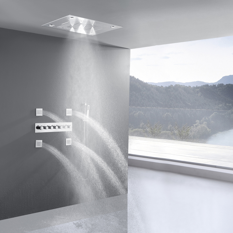 Níquel cepillado 24 X 31 pulgadas baño lluvia techo ducha mezclador termostático cascada montado en la pared mano