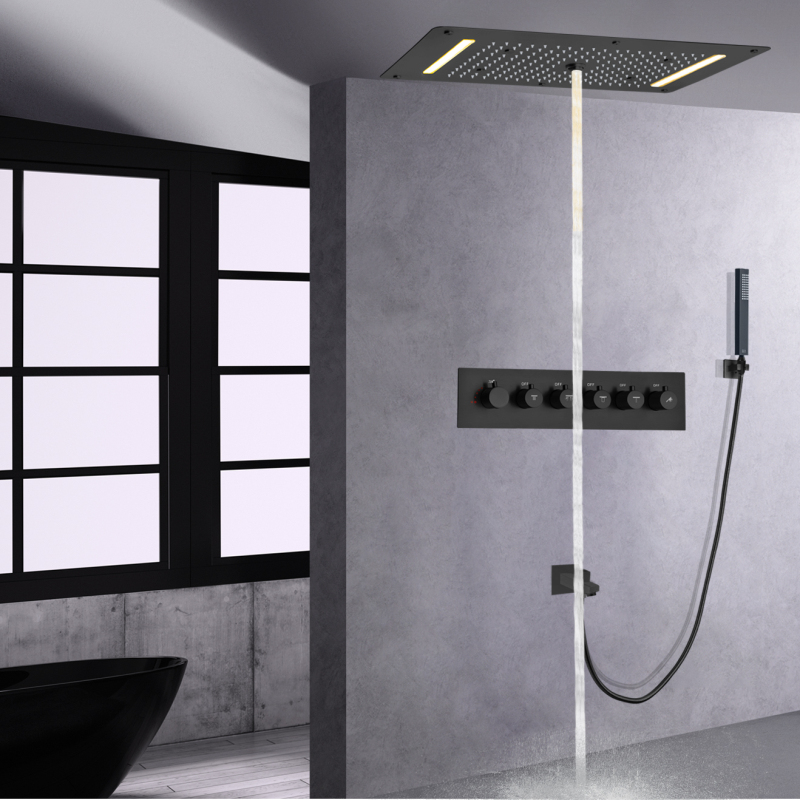 Juego de grifo de ducha termostático LED negro mate, Panel de techo para baño, cascada, rociador de burbujas, lluvia con mano