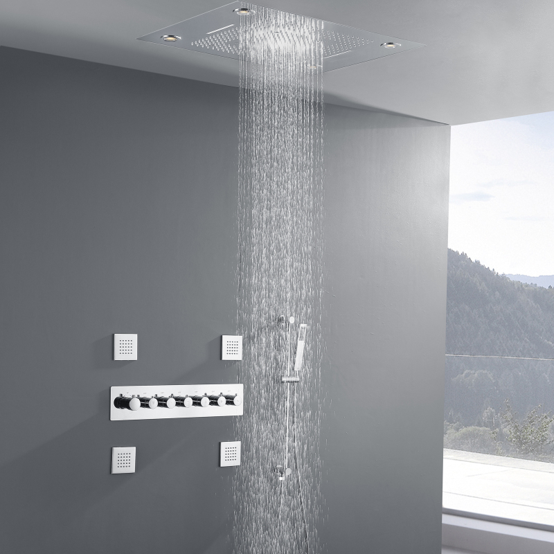 Cabezal de ducha de lluvia de techo con control remoto LED de níquel cepillado de 24 x 31 pulgadas con rociador termostático de mano