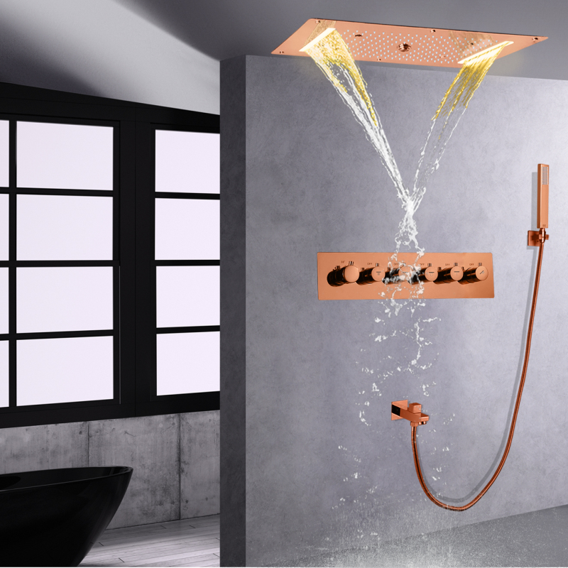Sistema de ducha termostático pulido dorado LED 70X38 CM baño ducha de lluvia montado en el techo con cabezal de ducha de mano