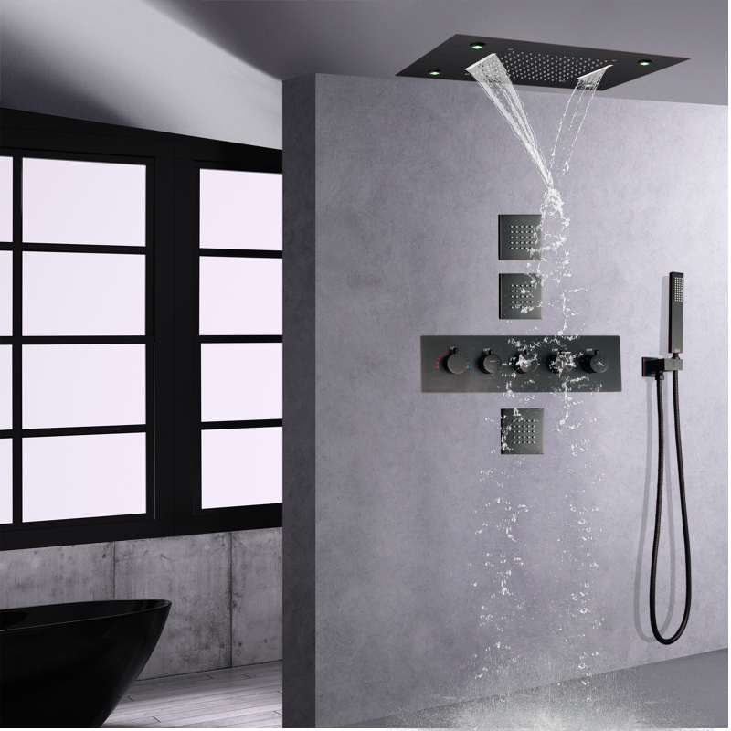 Grifo de ducha de lluvia termostático de bronce frotado con aceite, sistema de juego de ducha de baño, cabezal de ducha de lluvia LED en cascada de 14X20 pulgadas