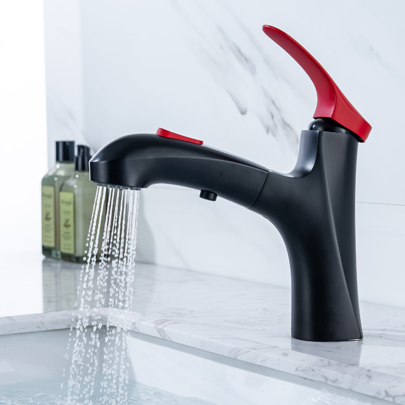 Grifo de baño negro mate, mezclador de lavabo con mango rojo, funciones de agua dobles, mezclador de fregadero contemporáneo