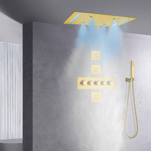 Cabezal de ducha de lluvia de Oro pulido con pulverizadores de mano, juego de ducha y baño termostático, grifo de ducha superior LED de techo de 14X20 pulgadas