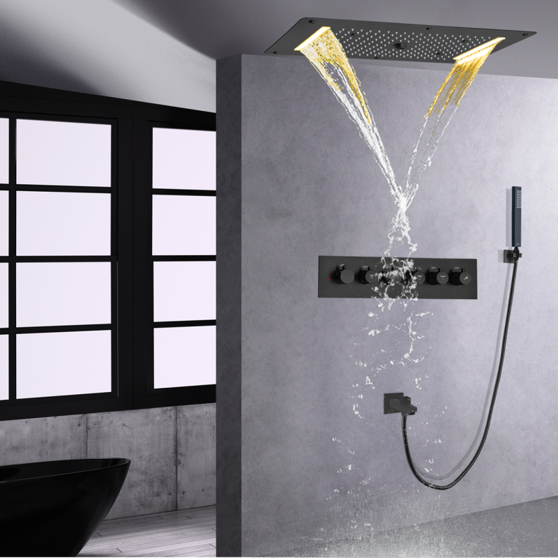 Juego de grifo de ducha termostático LED negro mate, Panel de techo para baño, cascada, rociador de burbujas, lluvia con mano