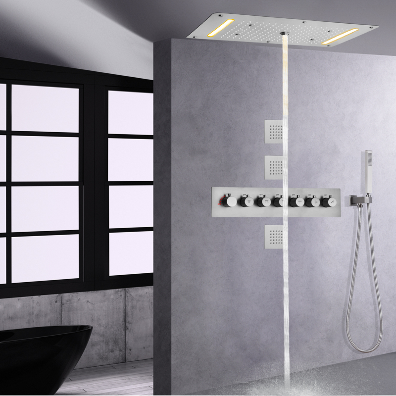 Cabezal de ducha LED de níquel cepillado de 700x380 MM con sistema de ducha termostático con pulverizador de mano para Baño