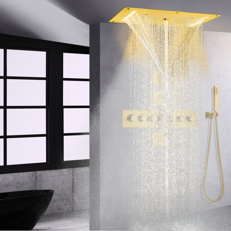 Sistema de ducha termostático de oro cepillado, 700x380 mm, LED, mezclador de ducha empotrado, efecto lluvia, masaje en cascada