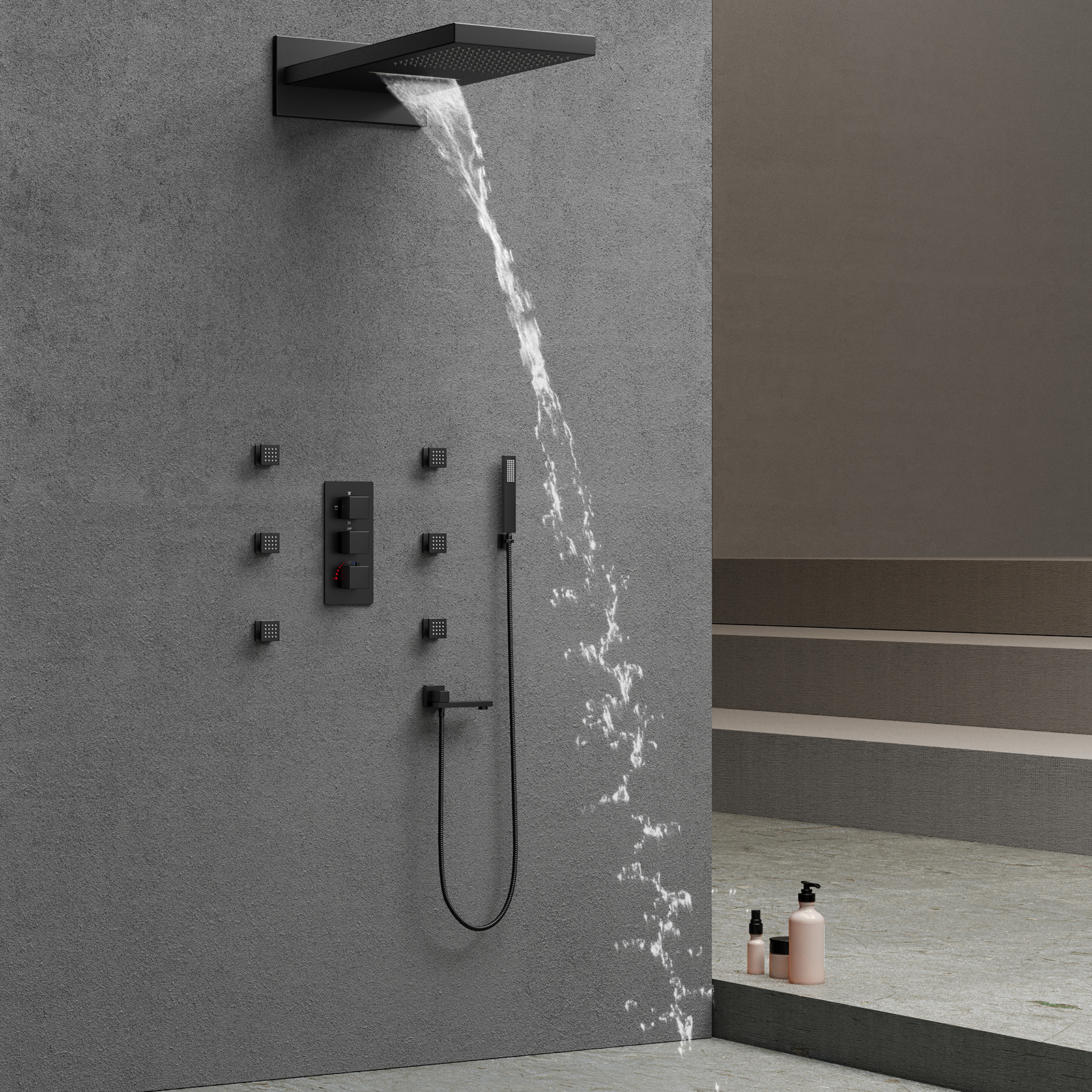 Juego de cabezal de ducha negro, medidor de lluvia, grifo de latón montado en la pared para baño, sistema de grifo de ducha en cascada para bañera