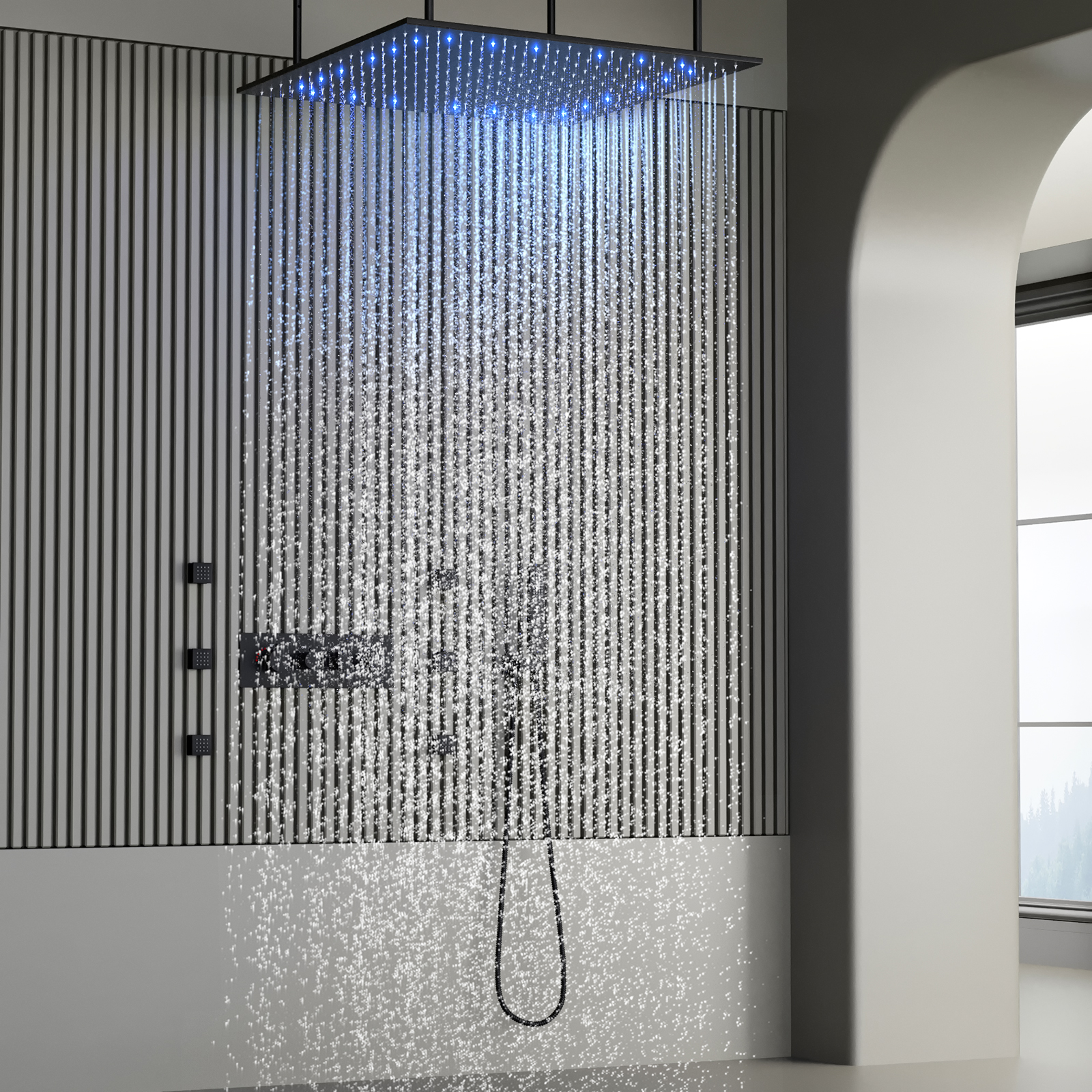 El cabezal de ducha de latón LED montado en la pared del techo del baño establece la ducha de lluvia con sistema de ducha