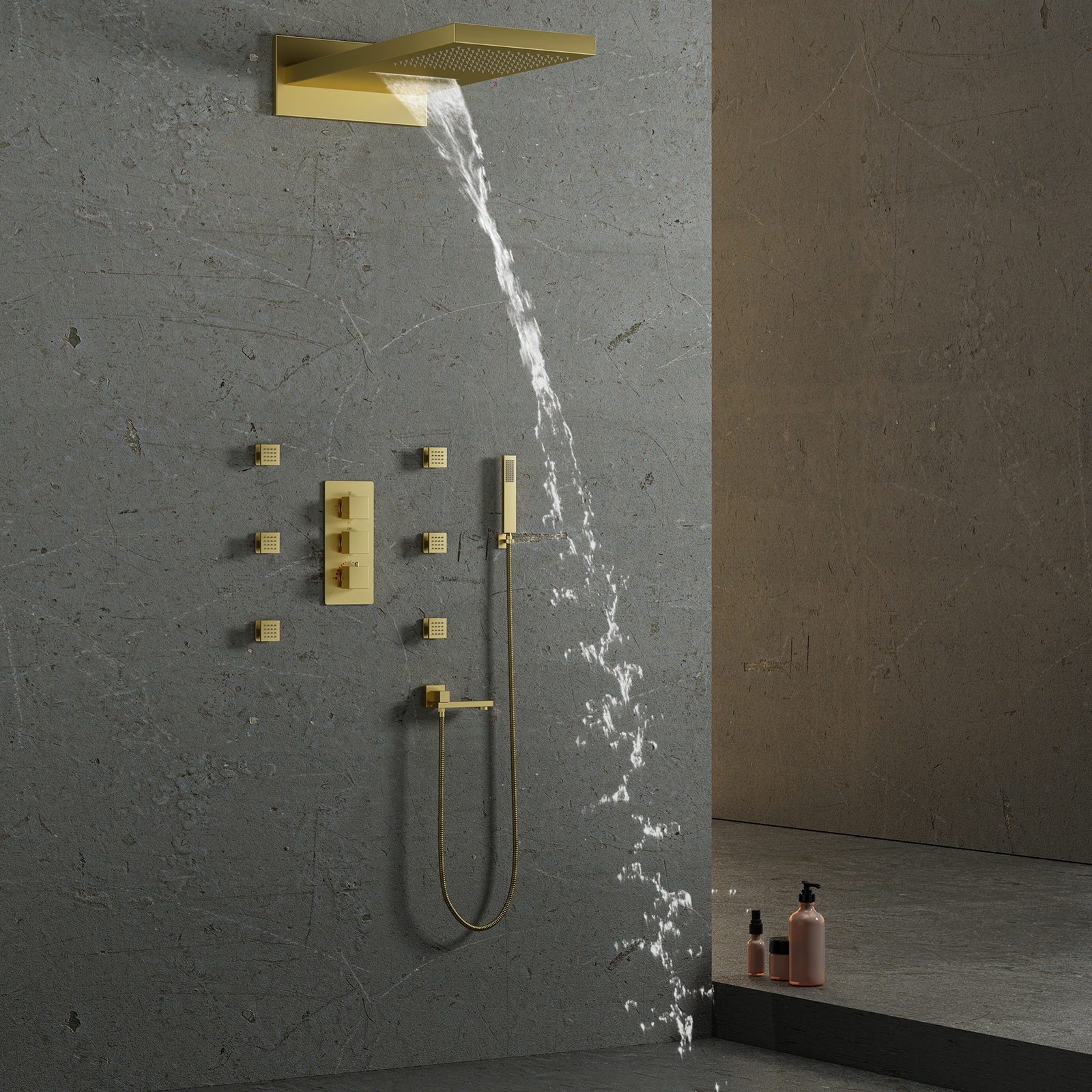 Juego de cabezal de ducha dorado de lujo, mezclador de ducha, cascada de lluvia con grifo cuadrado moderno de mano