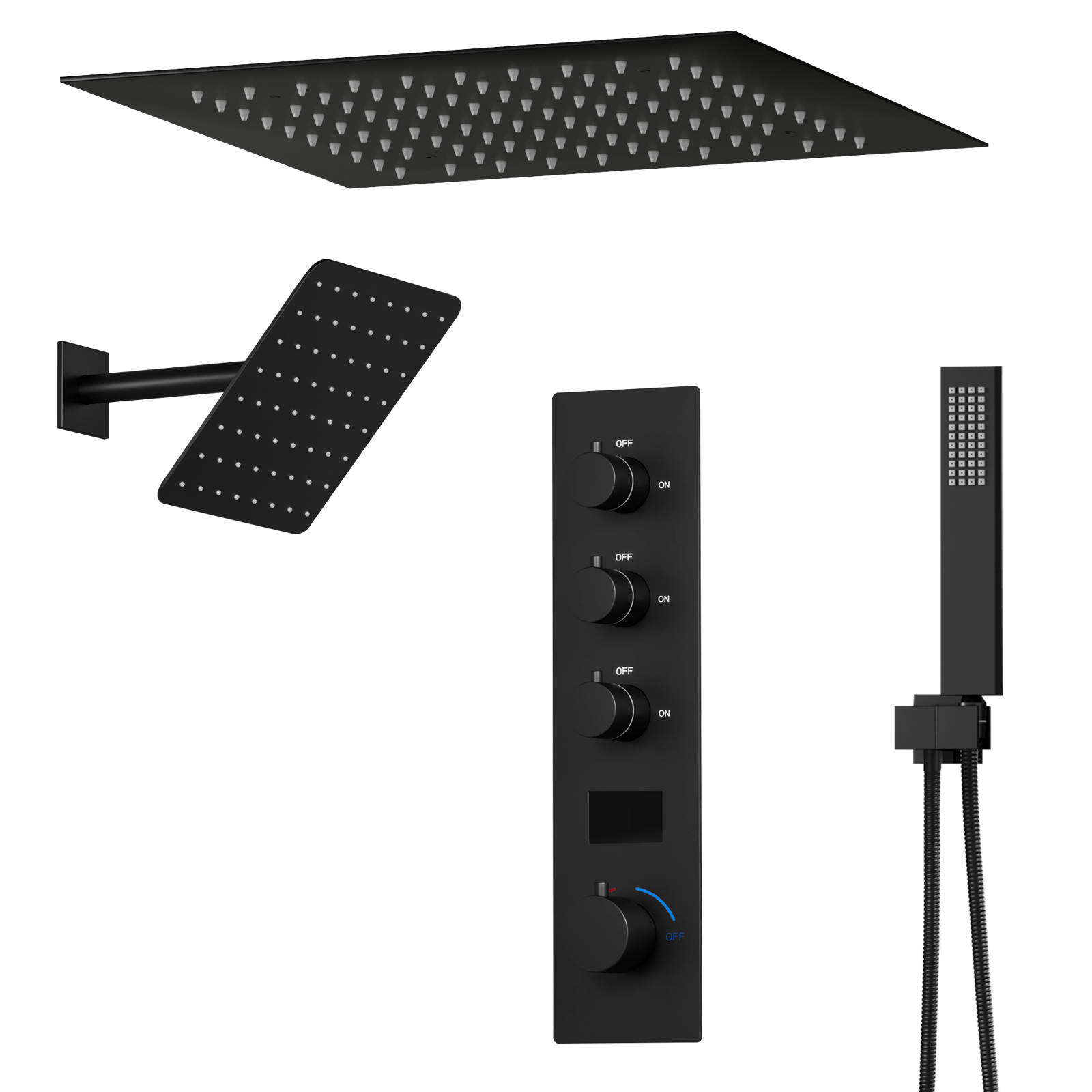 Juego de cabezal de ducha LED negro cuadrado de lujo para baño Sistema de ducha de techo termostático con niebla de lluvia