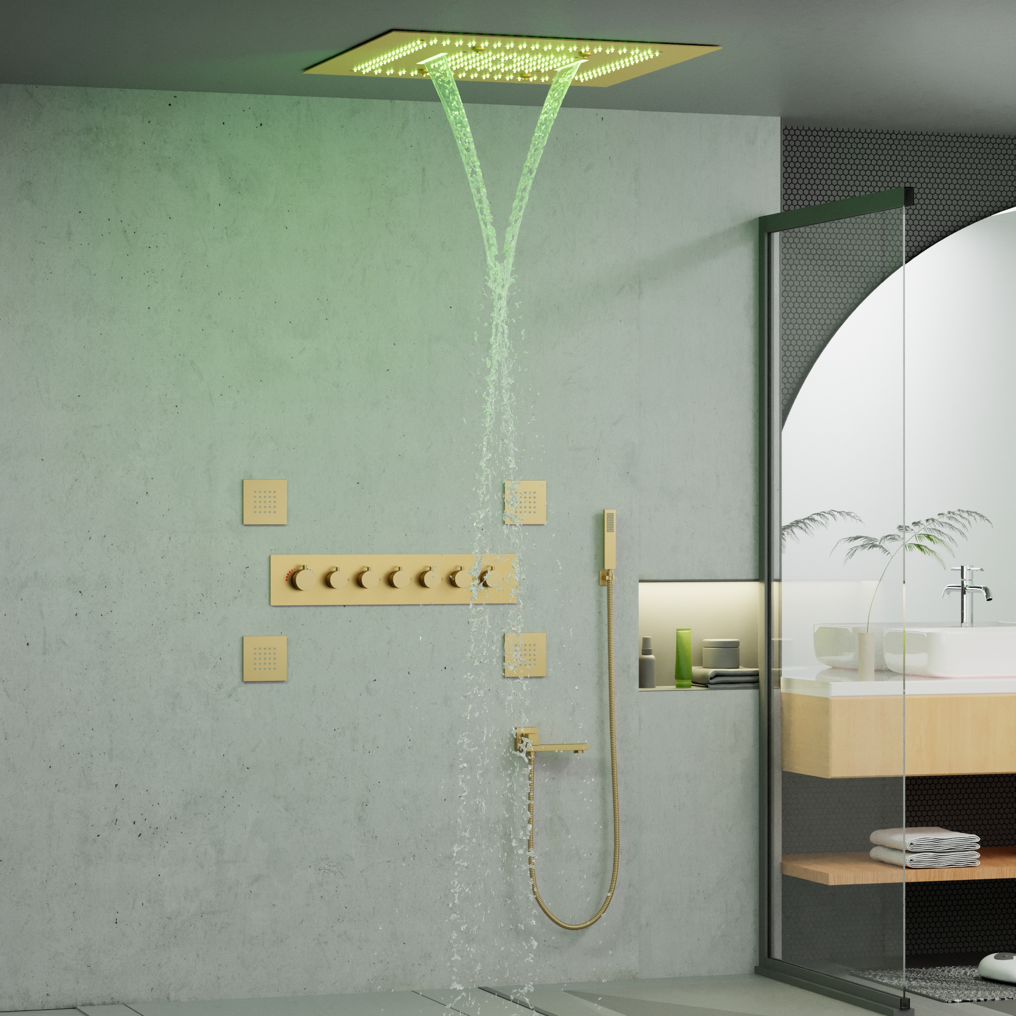 Sistema de Set de ducha de baño de lujo, juego de mezclador de ducha de lluvia de Oro pulido, juego de cabezal de ducha Led de cobre con 6 funciones