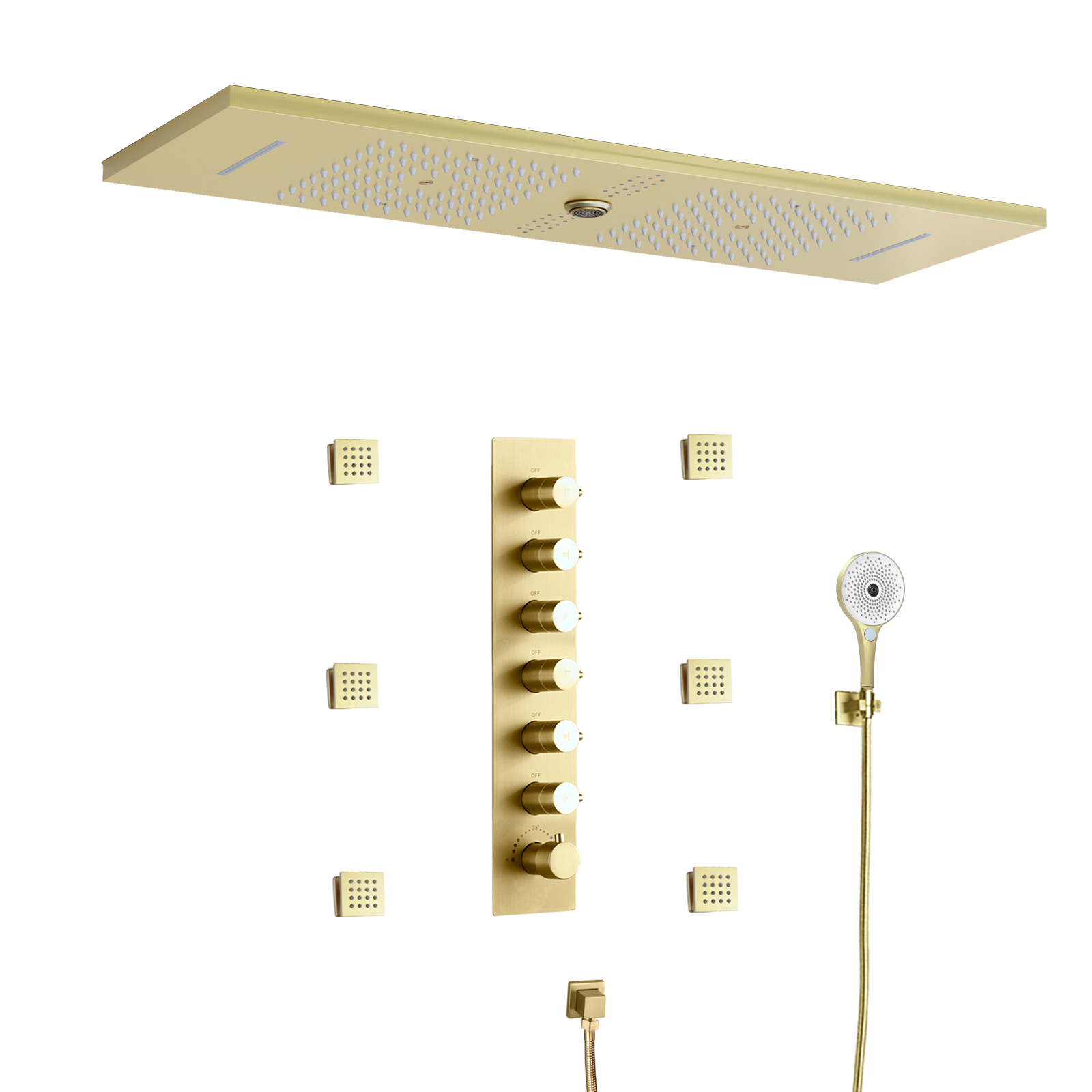 Sistema de cabezal de ducha de Oro pulido LED para baño, sistema de cascada de ducha de lluvia, juego de grifo de ducha termostático