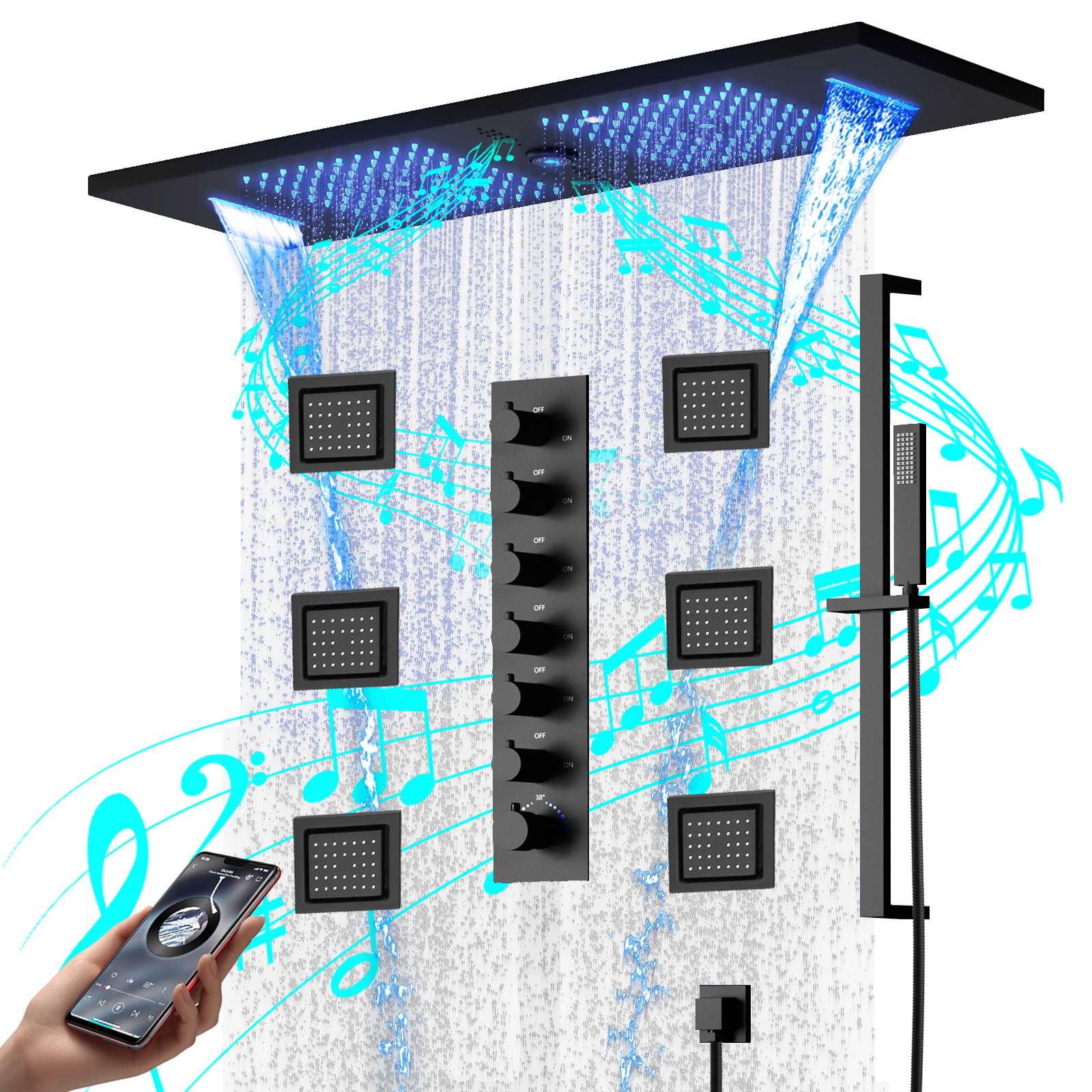 Juego de ducha LED, cabezal de ducha empotrado de lluvia y cascada con altavoz musical, Grifo y válvula de ducha de baño