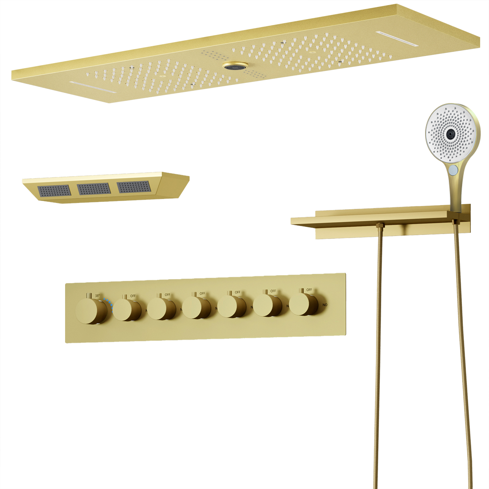 Grifo de ducha termostático de cascada atomizada para baño, cabezal de ducha con cuerpo de ducha y función musical, cabezal de ducha LED de lluvia