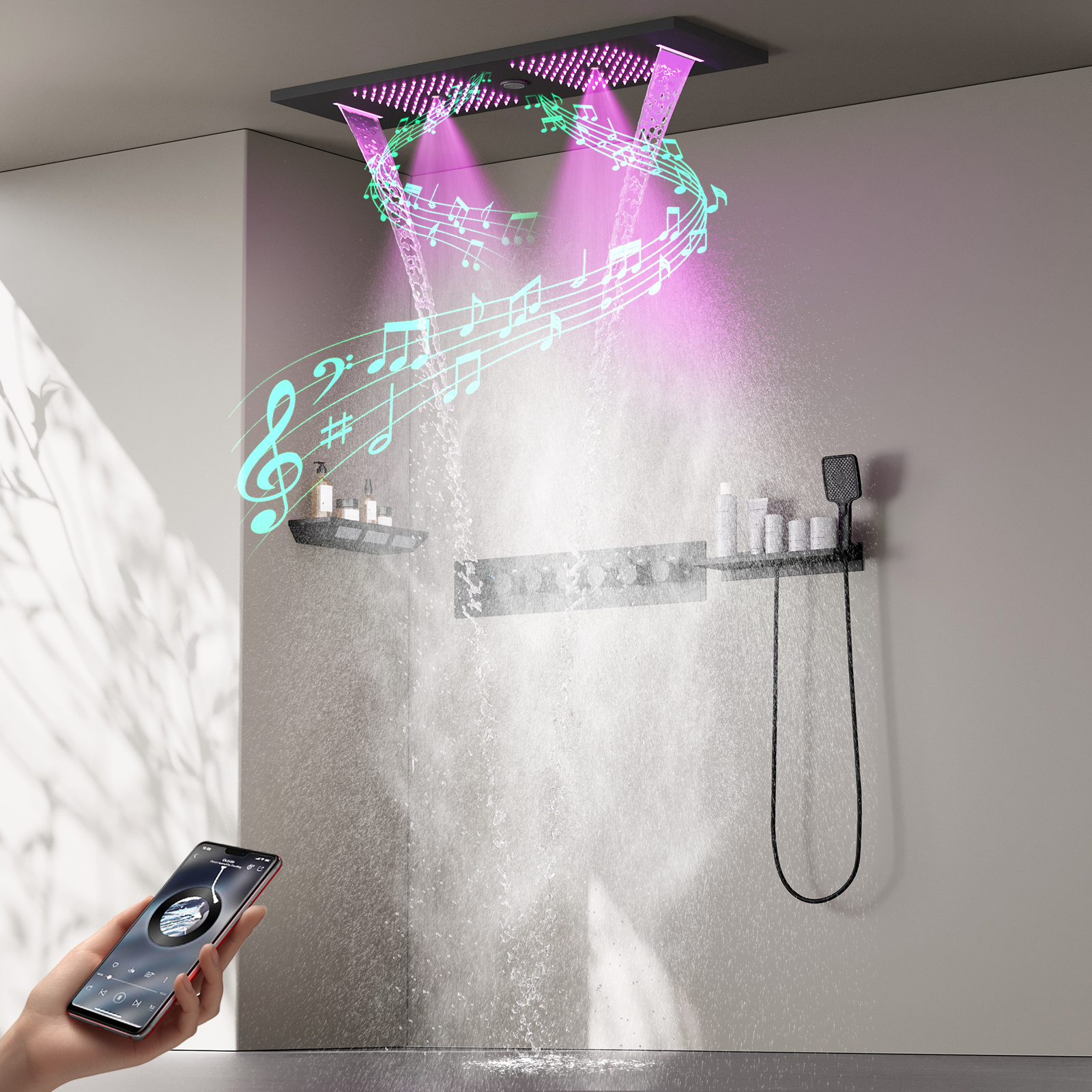 Grifo y válvula de ducha con rociador superior de ducha de lluvia de alta presión con música de latón cuadrado con luz LED de 90x30Cm