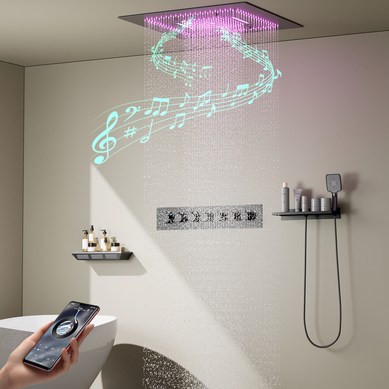 Bañera Spa pistola gris cabezal de ducha LED ducha de lluvia cascada multifuncional empotrado techo música ducha Set