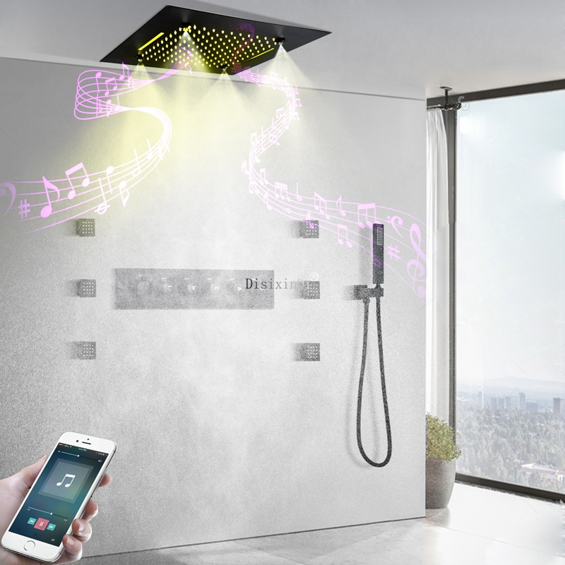 Cabezal de ducha de techo con música LED de 20 pulgadas, lluvia, cascada, niebla, termostático, cuerpo de latón, juego de Grifo de ducha de baño