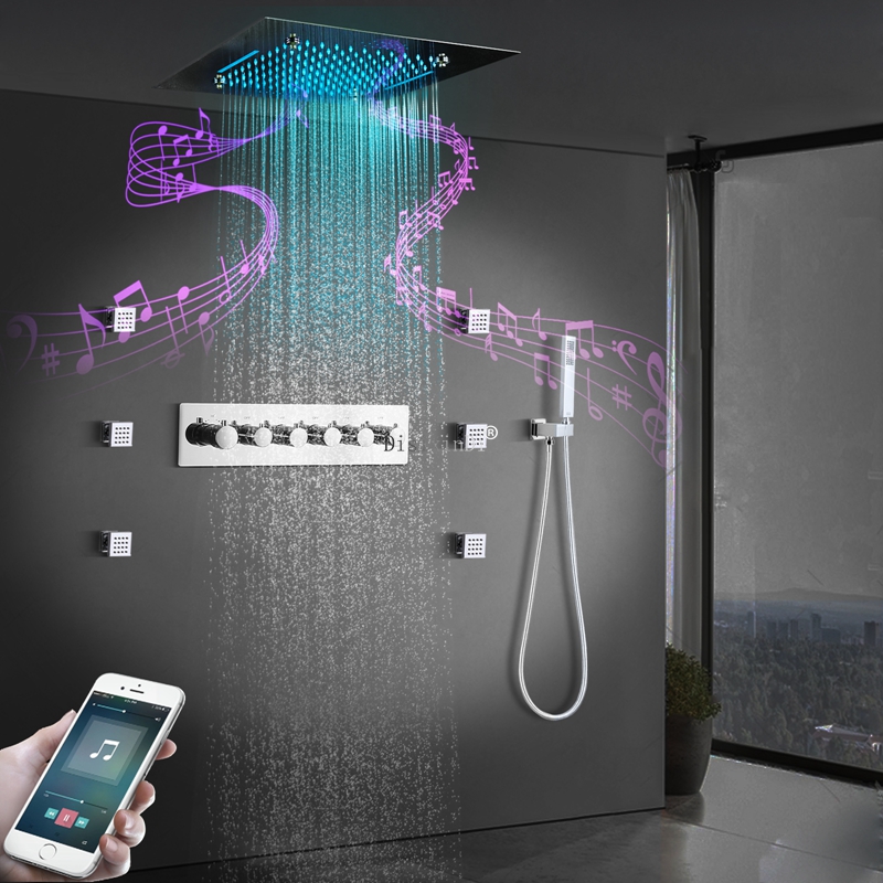 Juego de ducha LED, cuerpo de latón termostático montado en la pared, SPA multifunción, cascada, niebla, lluvia, Sistema de ducha musical LED