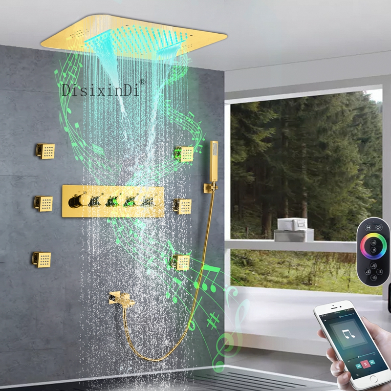 Grifo de ducha termostático LED de cascada de lluvia para baño Ti Gold con cabezal de ducha con función musical y chorro de cuerpo de ducha