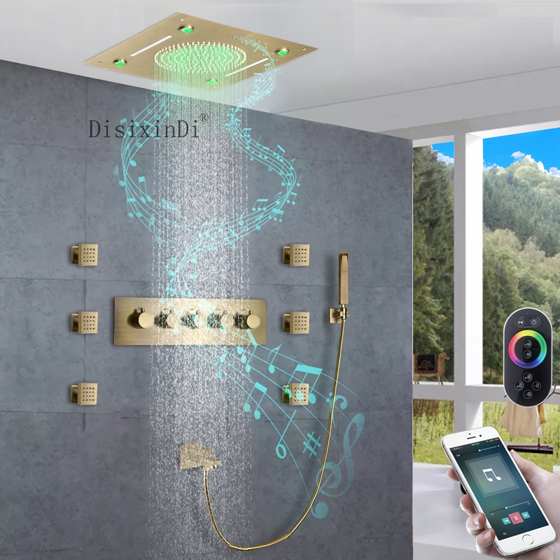 Sistema de ducha LED con altavoz musical, ducha de lluvia montada en el techo de 16 pulgadas, juego de ducha LED termostática para baño