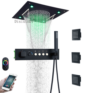 Sistema de ducha LED de 16 pulgadas, cabezal de ducha musical con cascada de lluvia, juego de mezclador de ducha termostático para baño montado en el techo