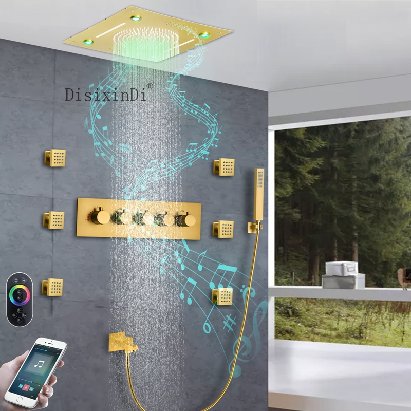 El baño y la ducha de la música del LED fijan el oro cepillado de lujo ducha principal de la lluvia de la cascada del techo de 16 pulgadas