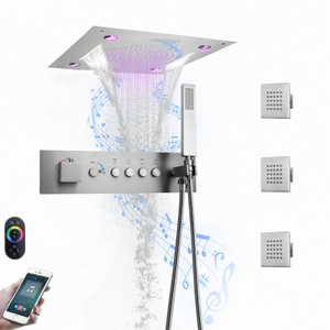 Cabezal de ducha de música LED de acero inoxidable 304, 400x400mm, botón termostático integrado para techo, juego de Grifo de ducha de baño de cuerpo principal