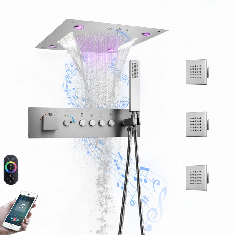 Cabezal de ducha de música LED de acero inoxidable 304, 400x400mm, botón termostático integrado para techo, juego de Grifo de ducha de baño de cuerpo principal