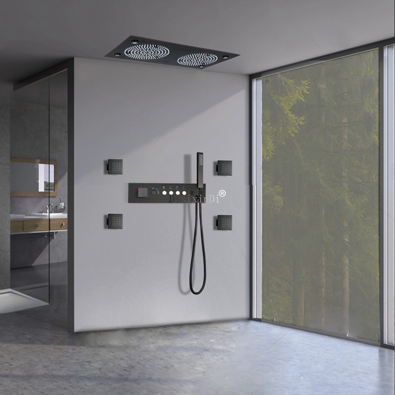 Sistema de ducha LED con música para techo, cabezal de ducha de lluvia y niebla de 25x13 pulgadas, juego de Grifo de ducha de baño termostático
