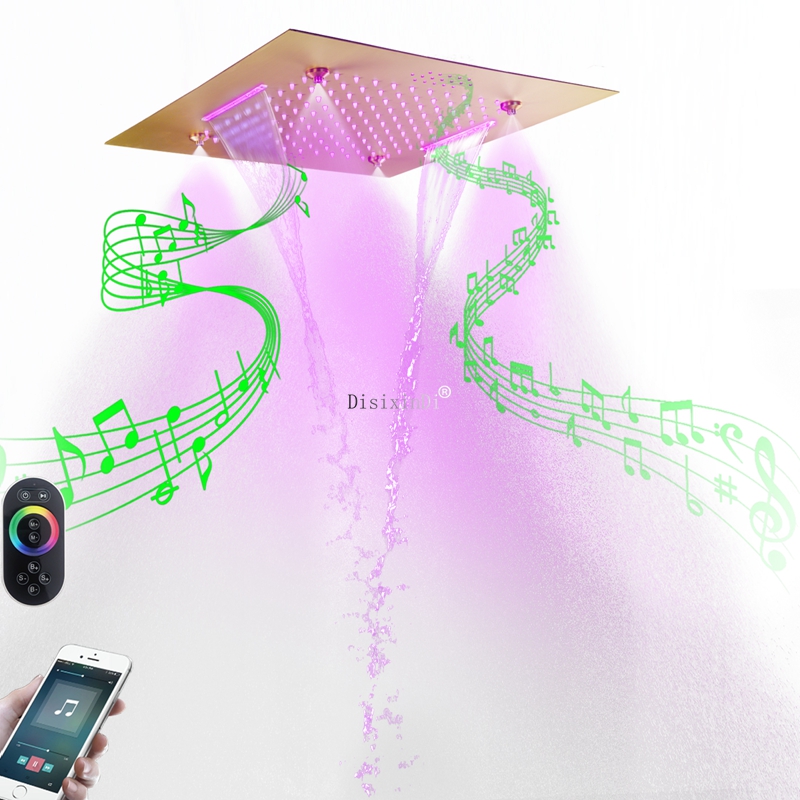 Cabezal de ducha LED de 20 pulgadas de acero inoxidable SUS304 con altavoces musicales, lluvia brumosa y cascada, sistema de ducha integrado en el techo
