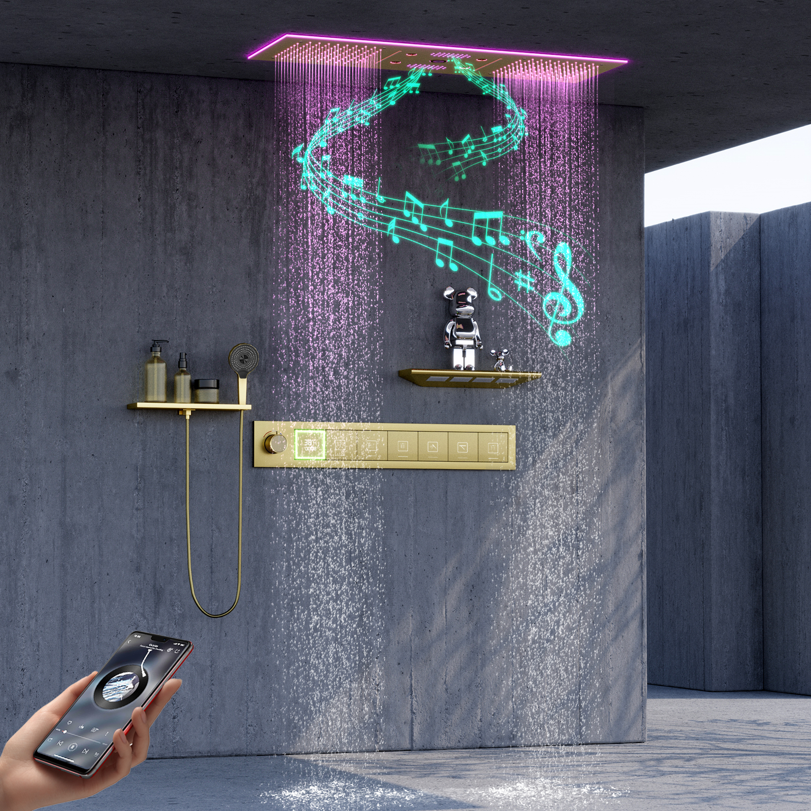 Oro pulido baño temperatura constante ducha de alto flujo luz Led cabezal de ducha con altavoz cascada sistema de selva tropical