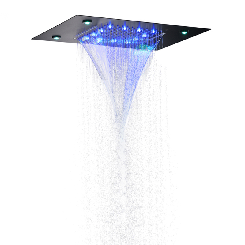Cabezal de ducha negro mate 50X36 CM LED 7 colores baño empotrado techo bifuncional cascada lluvia