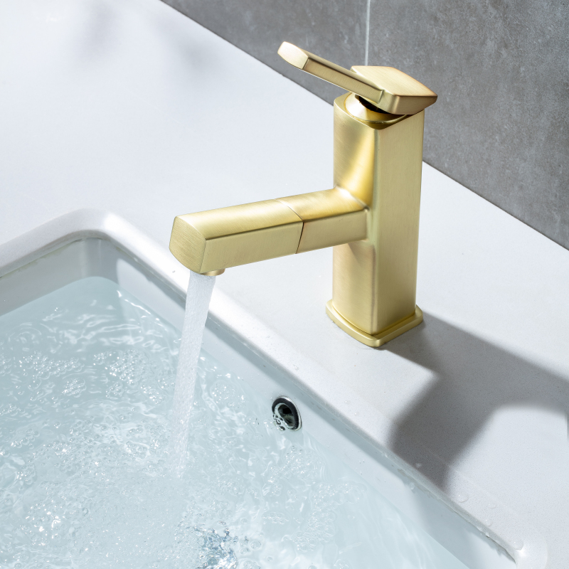 Oro pulido pulido de alta calidad grifo extraíble grifo de lavabo baño grifo caliente y frío fregadero