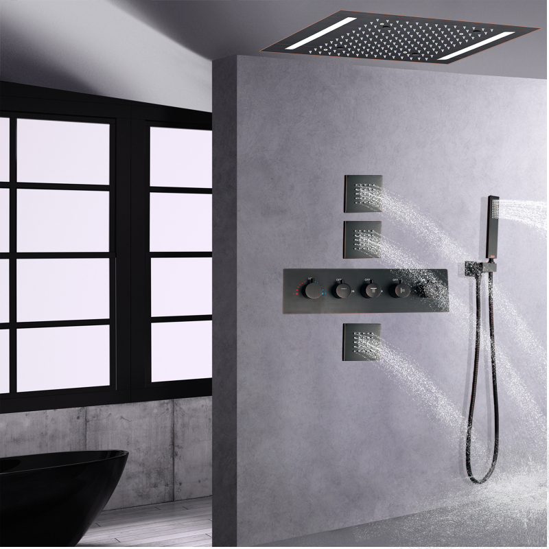 Juego de grifo de ducha termostático de bronce frotado con aceite con Panel de ducha y baño moderno LED cabezal de ducha de lluvia de techo de 14X20 pulgadas
