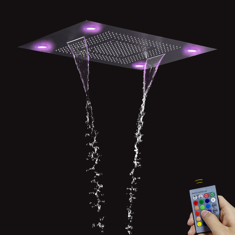 Mezclador de ducha de baño negro mate, 80x60 CM, con Control LED, Panel remoto, ducha de lluvia, cascada, atomización