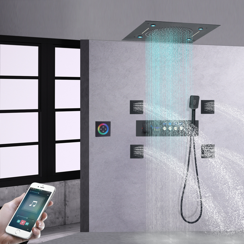Sistema de ducha termostático negro mate de 500x500MM, Panel de ducha con pantalla Digital, LED, baño con cabezal de ducha con función musical