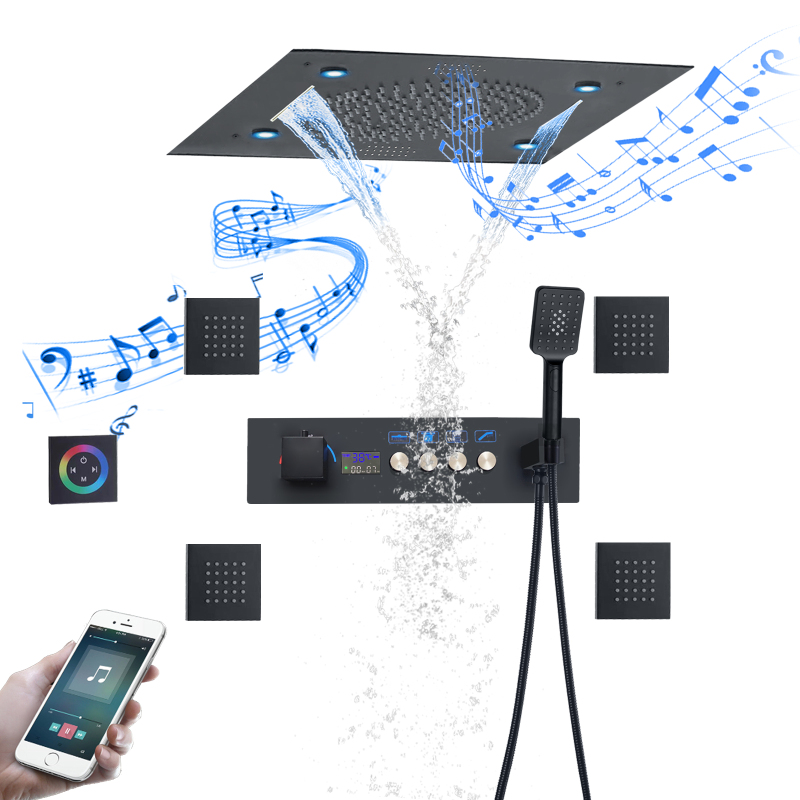 Sistema de ducha termostático negro mate de 500x500MM, Panel de ducha con pantalla Digital, LED, baño con cabezal de ducha con función musical
