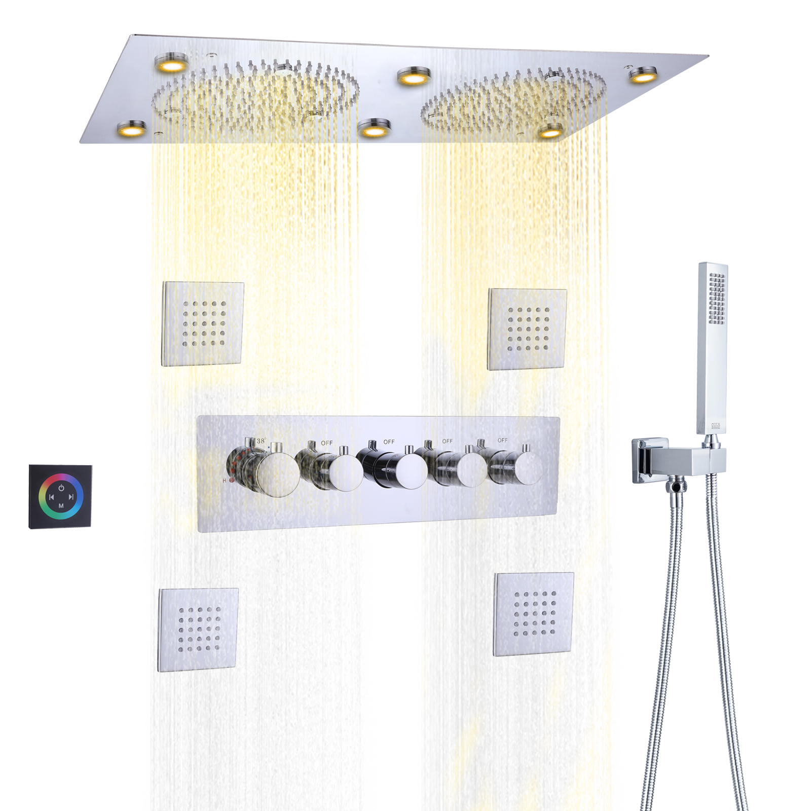 Grifo de ducha cromado pulido baño LED termostático montado en la pared niebla de lluvia con brazo de ducha de mano