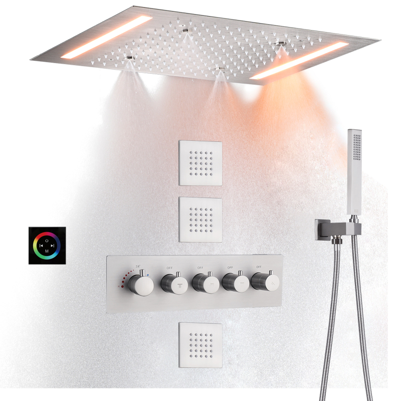 Sistema de ducha cepillado, ducha de niebla para baño con control termostático LED de 14 x 20 pulgadas