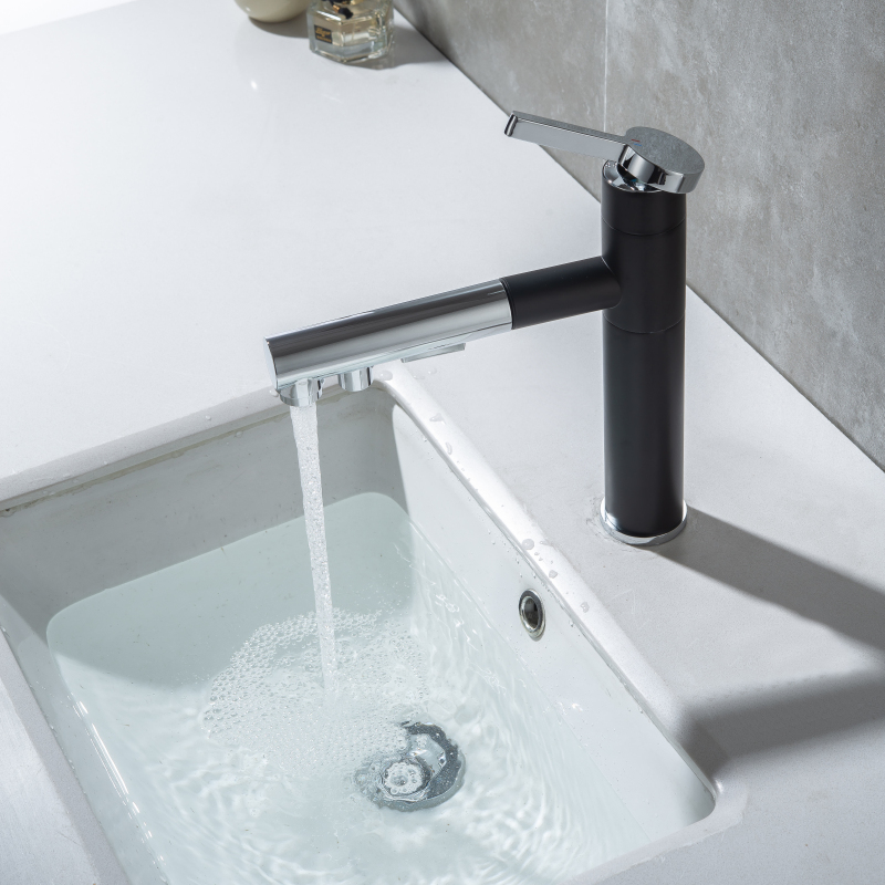 Mezclador de agua de una sola manija para baño, grifo de lavabo pulido y negro a la moda